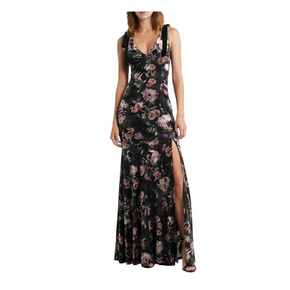 Lulus Coraline High Slit V-neck Maxi Dress Womens XL Black Floral Velvet Burnout